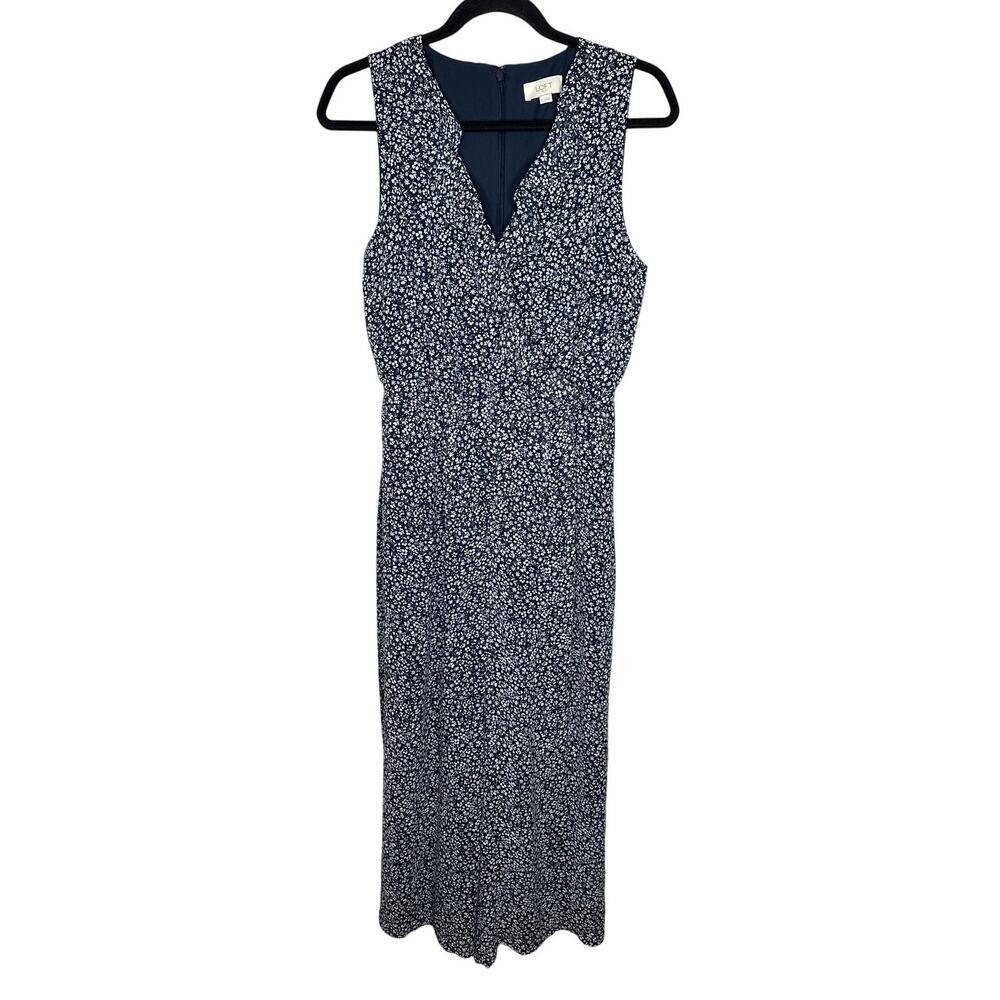 Loft Floral Jumpsuit Womens 6 Blue White V-Neck Surplice Bodice Wide Leg Ruffle